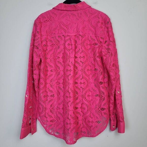 Maeve Womens Lace Tunic Top Pink Size 12 Roll Tab Sleeves Cutouts Button Down - Picture 2 of 8